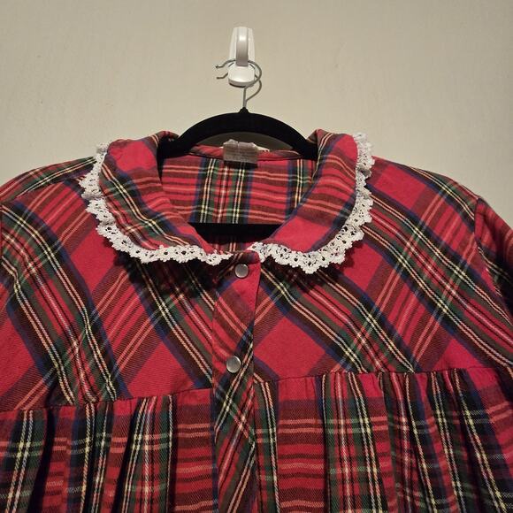 Vintage 70s 80s Carole Plaid Flannel Nightgown Women 1X Red USA Pearl Snap Lace - Picture 7 of 12